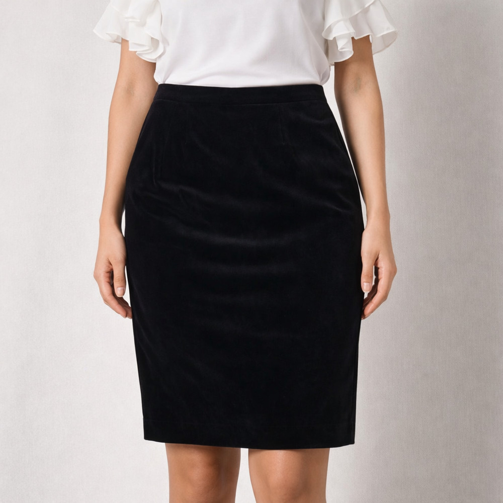 Vtg Talbots Black Velvet Skirt Back Slit Knee Length Fully Lined 14 USA